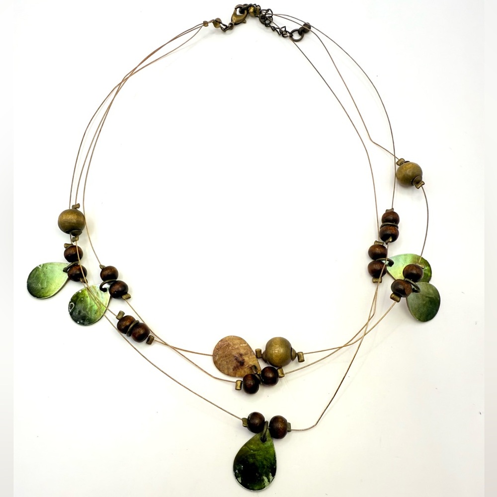 Vintage 3-Layer Wooden Beads and Sea Shells Collar Necklace
